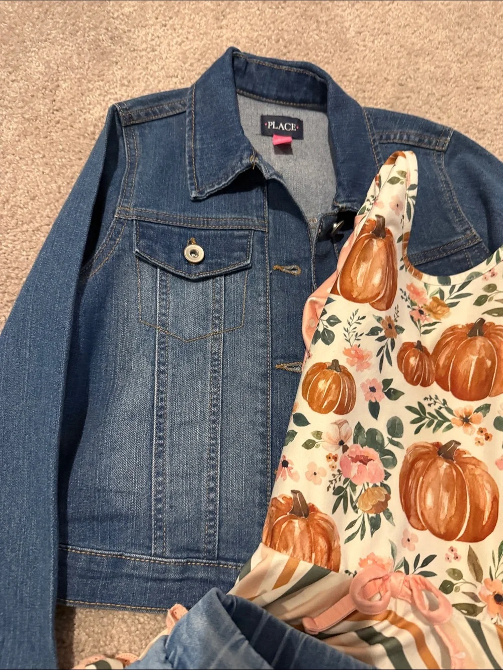 Fall Outfit Blue Denim Jacket with Pumpkin-Print Bodysuit & Jeans - Picture 3 of 8